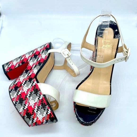 Christian Louboutin Rare bella platform sandal white leather strappy tweed 41 - Picture 1 of 12